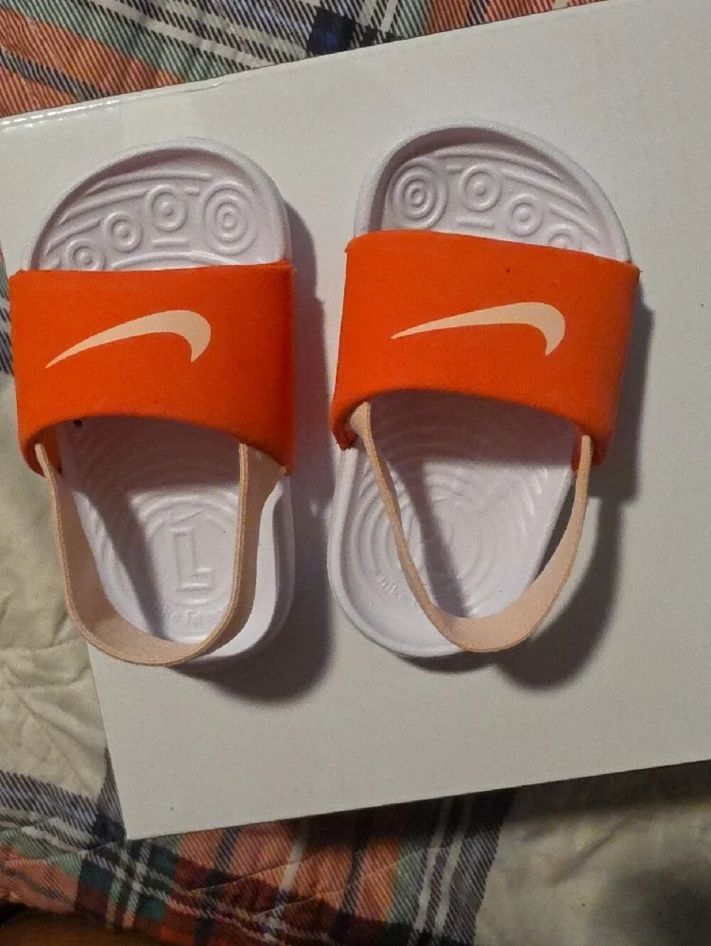 Nike Kids Pinkish-Orange and White Slide Sandals with Elastic Heel, Size 4c